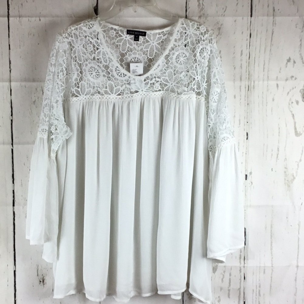 NWT Lane Bryant 18 white Lace-Yoke Bell-Sleeve Top